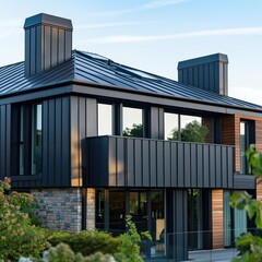 Fototapeta premium Roofers are actively working on a contemporary house, installing zinc roofing while enjoying a bright afternoon. The house features large windows and a stylish design