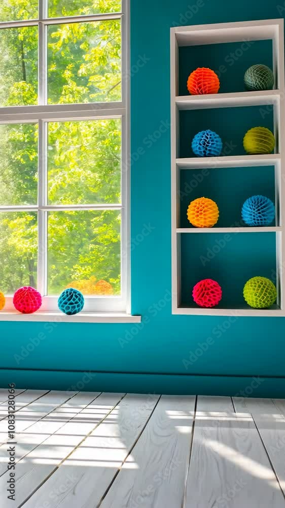 Poster colorful balls sit on a shelf in a room with a large window looking out onto a tree