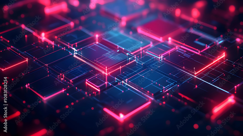 Poster abstract 3d digital network: glowing cubes and lines illustrate complex data connections in vibrant 