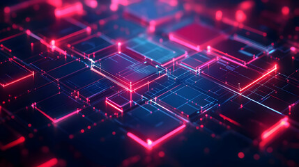 Obraz premium Abstract 3D Digital Network: Glowing Cubes and Lines Illustrate Complex Data Connections in Vibrant Red and Blue Hues