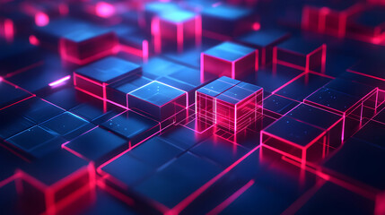 Fototapeta premium Abstract 3D Render of Neon Cubes: Glowing Pink and Blue Geometric Shapes Illuminate a Futuristic Digital Landscape, Creating a Vibrant, Energetic Background.