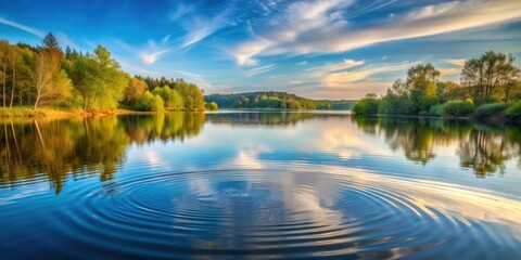 Fototapeta premium Serene Ripples on a Calm Lake Under a Blue Sky with Wispy Clouds and a Reflection of the Surrounding Trees