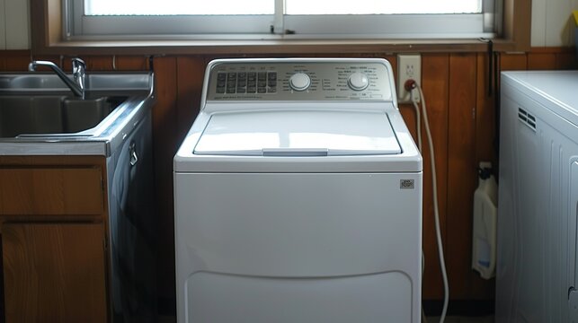 White top-loading washing machine in a rustic kitchen setting.