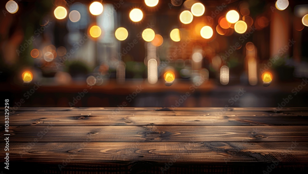 Poster dark wooden table with blurred lights background in bar for product display