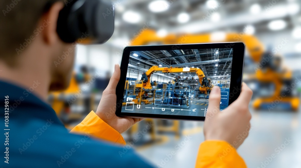 Poster technician monitors robotics operations using tablet in modern manufacturing environment to optimize