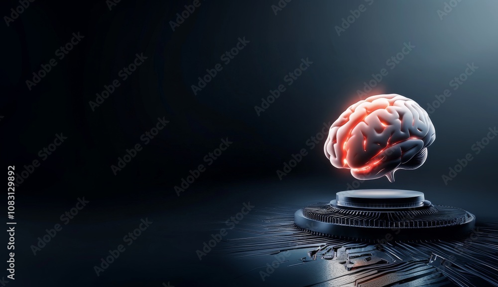 Poster exploring the intersection of technology and science through the symbolism of a floating brain repre