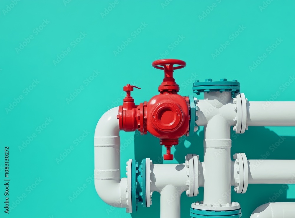 Poster a red valve regulates flow in a white and turquoise pipe system for efficient water management and i