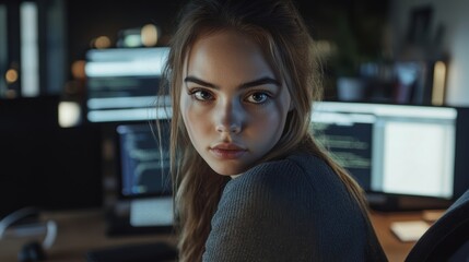 Young woman looking over her shoulder in a dimly lit office filled with computer screens at night, showcasing focus and concentration on her work environment.