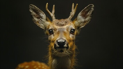 Young male deer portrait, close-up, dark background, small antlers.