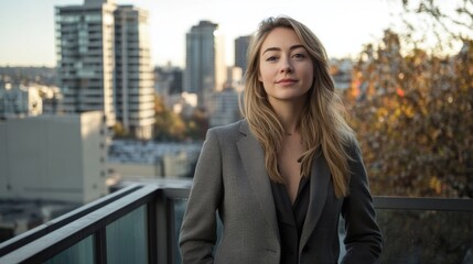 Fototapeta premium Confident Young Businesswoman Posing Outdoors with Cityscape Background in Modern Urban Environment, Showcasing Professional Style and Empowerment