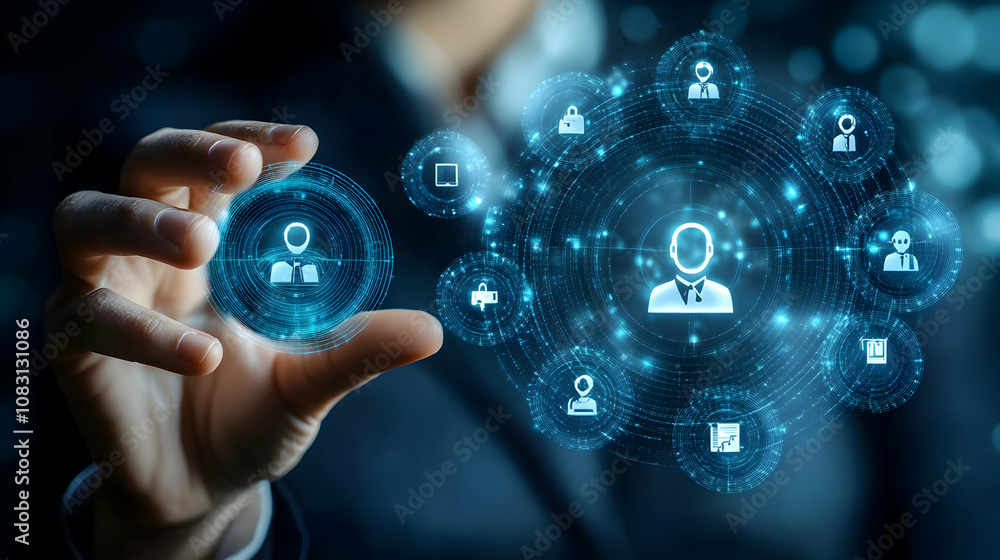 Poster digital hand interacts with network of profile icons, illustrating modern networking technology