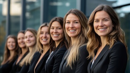 Fototapeta premium Group of Professional Women Smiling Confidently in Business Attire at Outdoor Corporate Event, Showcasing Team Spirit and Empowerment in the Workplace