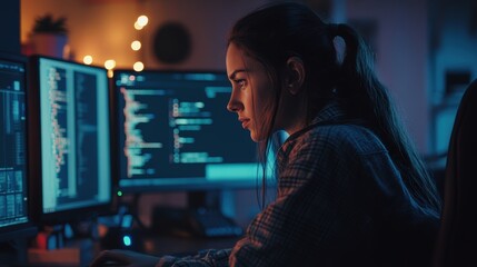 Obraz premium Young Woman Engaged in Coding at Night in Dimly Lit Room with Monitor Displays, Showcasing Focus and Creativity Amidst a Modern Tech Environment