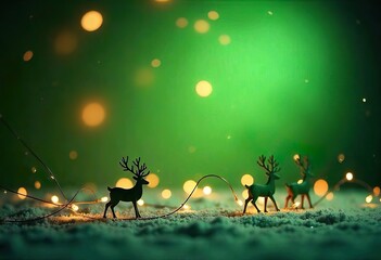 a whimsical Christmas background with a gradient from dark green to light cream, decorated with sparkling lights and an elegant design of reindeer silhouettes