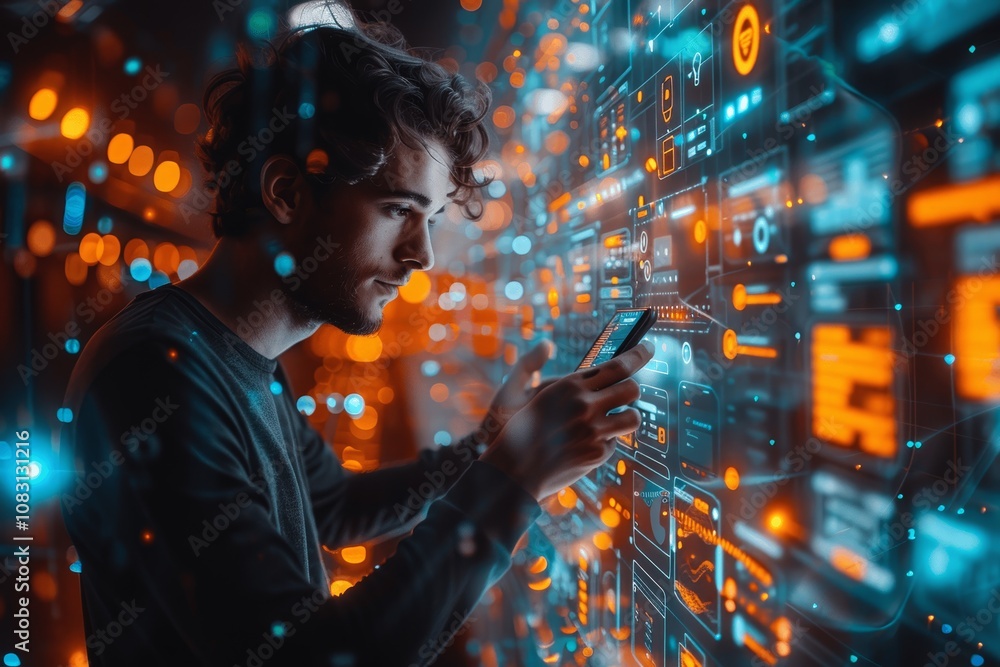 Poster businessman using smartphone with ai technology for virtual communication and business success