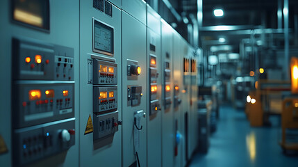 Industrial Control Panel with Illuminated Buttons and Digital Displays in a Factory Setting at Night
