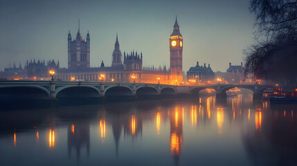 Naklejka premium Misty Dawn Illuminates London's Iconic Clock Tower and Parliament, Reflecting Serene Beauty on the River