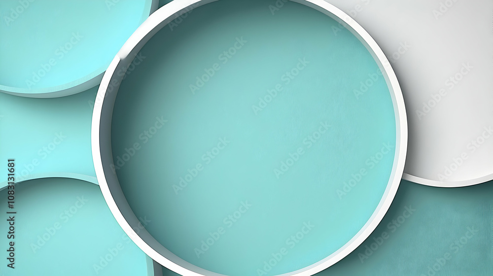 Poster abstract 3d render of interlocking teal and white circles forming a modern background design