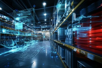 Obraz premium Futuristic Technology in Digital Warehouse Expanding the Efficiency of Retail Through Advanced Digitalization and Automation