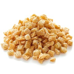 A close-up of a pile of crunchy, golden brown cereal pieces.
