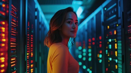 Young woman in vibrant server room with colorful lights, showcasing technology and innovation, standing confidently amidst server racks and glowing LEDs
