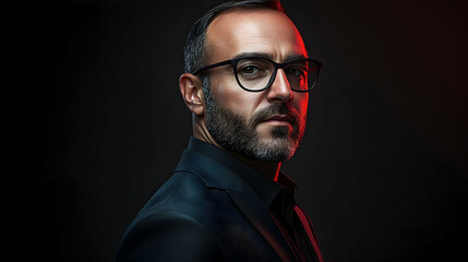 Obraz premium Dramatic Portrait of a Man with Beard in Glasses, Wearing a Dark Suit Against a Black Background with Red Lighting