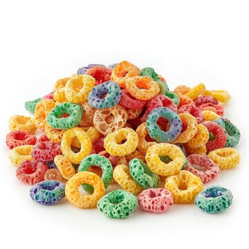 A colorful pile of breakfast cereal rings on a white background.