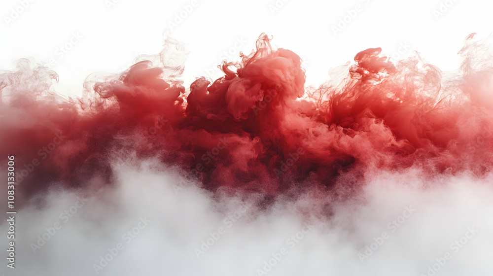 Poster crimson ink explodes in a white background, creating an abstract cloud of color and texture, visuall