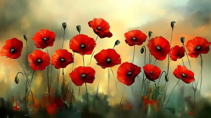 Fototapeta premium Vibrant Red Poppies in an Impressionistic Oil Painting Style