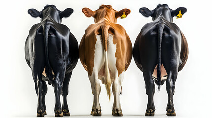 Obraz premium Three Cows Standing in a Row, Viewed from Behind, Displaying Their Different Coats, Rear View of Dairy Cattle in Studio Setting
