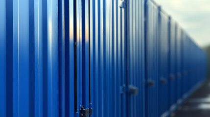 Long row of vibrant blue shipping containers stretching into distance