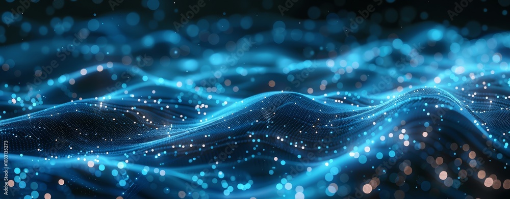 Aufkleber futuristic abstract blue background with glowing particles, digital waves, big data technology, cybe
