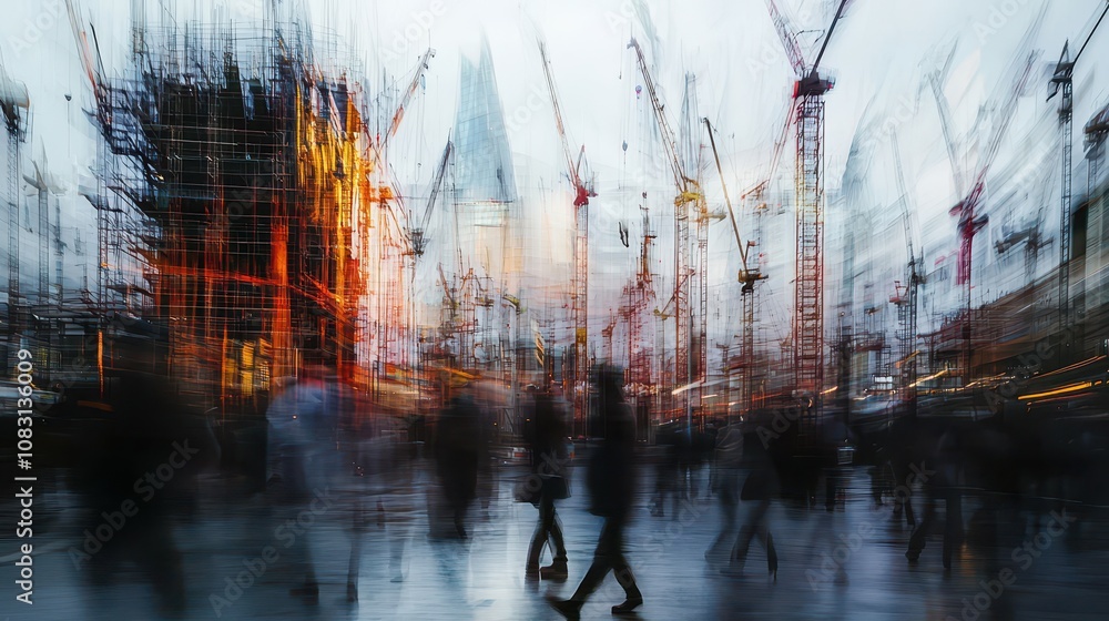 Poster blurred figures at a busy construction site in an urban environment with multiple cranes and activit