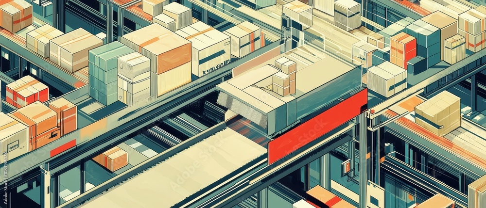 Poster busy distribution center showcasing conveyor belts transporting packages across various levels of sh