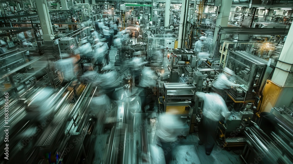 Poster fast-paced factory floor scene with active workers and machines in a busy production environment