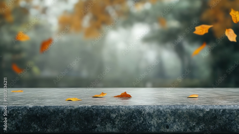 Poster empty granite table surrounded by a beautiful autumn forest with soft bokeh background and falling o