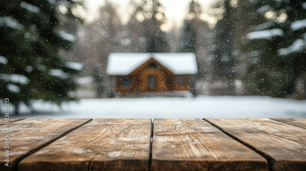 Poster wooden table in the foreground with a snowy cabin and soft bokeh background creating a cozy winter a