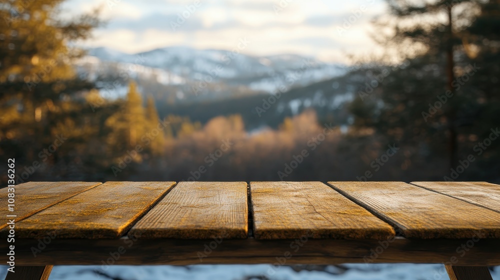 Poster empty wooden table in a snowy pine forest with bokeh effect and serene mountain view in the backgrou
