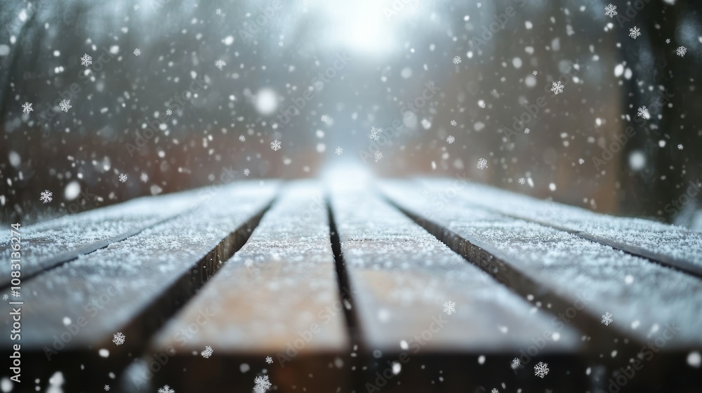 Poster snow-covered wooden table in a serene winter landscape with bokeh effect and soft snowfall creating 