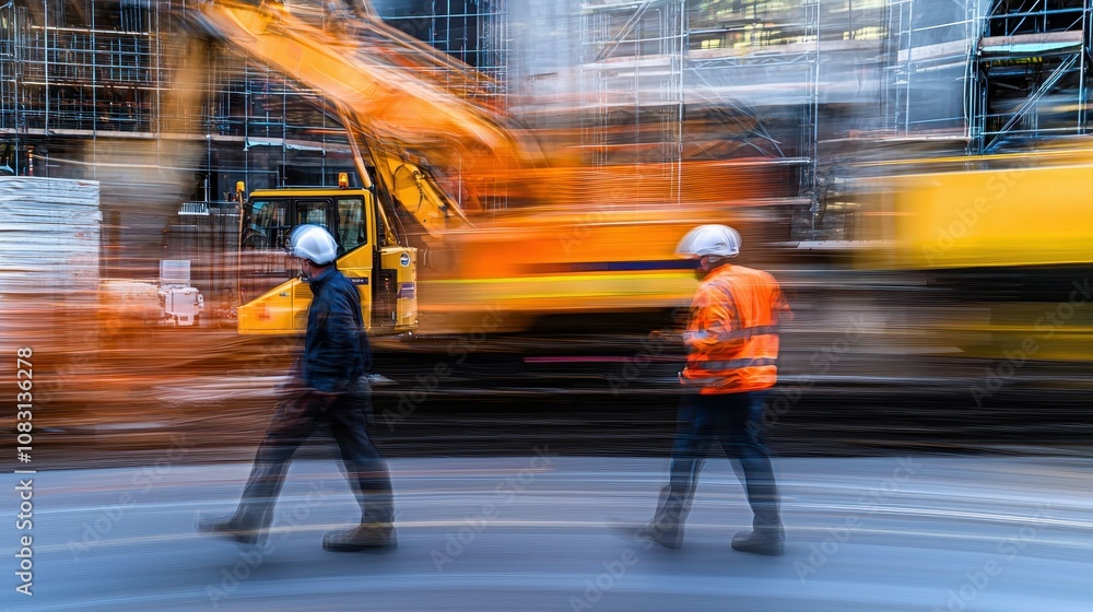 Poster engineers working at a busy construction site with machinery in motion amidst a dynamic urban enviro