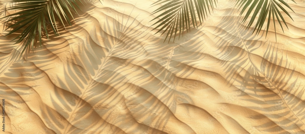 Poster palm leaf shadows on sandy beach background for design projects