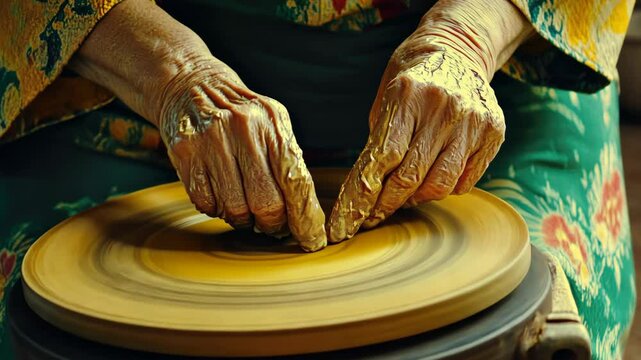 An expert artisan skillfully molds clay into beautiful pottery, demonstrating intricate techniques while showcasing traditional Japanese craftsmanship and cultural heritage