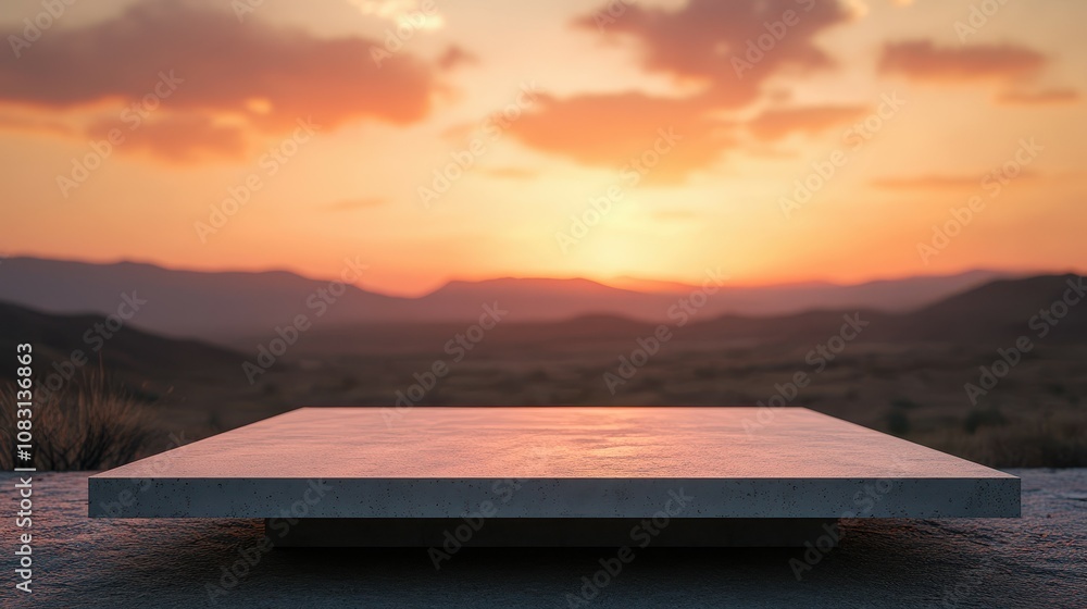 Poster empty concrete table against a stunning desert sunset with bokeh effect, capturing the warm orange h