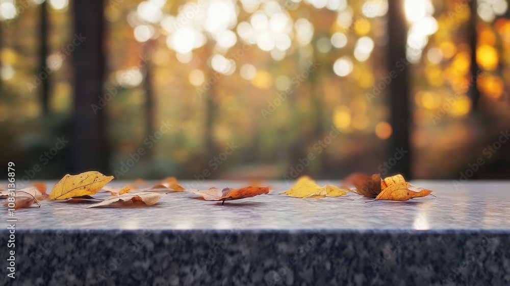 Poster empty granite table surrounded by autumn forest with bokeh effect highlighting orange leaves under s
