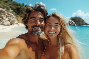 Obraz premium Couple enjoying a sunny beach selfie capturing joyful travel memories together