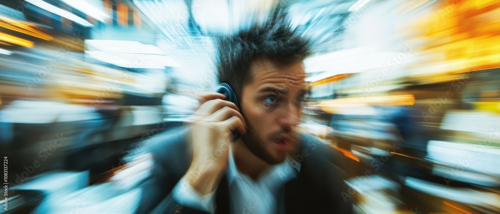 Poster dynamic office scene of a worker engaged in phone conversation with motion blur effect, capturing th
