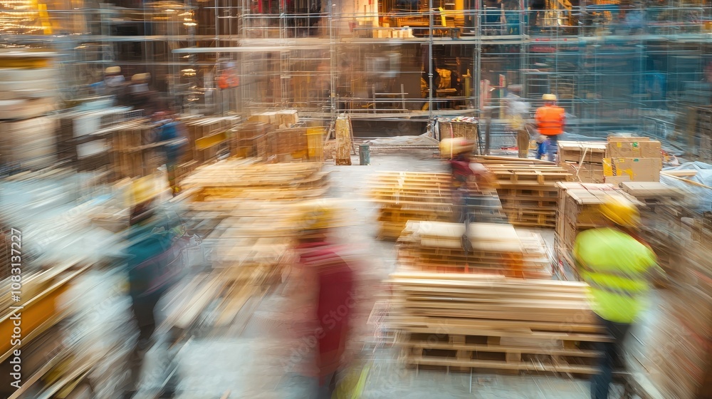 Poster busy construction site with workers assembling materials in motion, showcasing dynamic activity and 