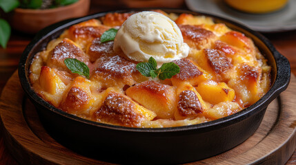 National Pie Day. A warm, baked dessert with peaches, topped with cream and mint, served in a cast-iron skillet, enticing and delicious.
