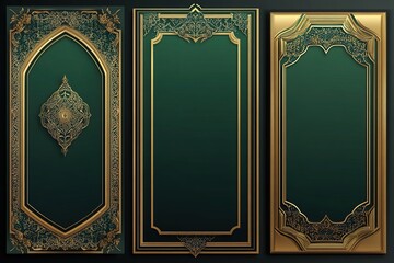 Elegant Green and Gold Islamic Art Frames: A Trio of Luxurious Designs