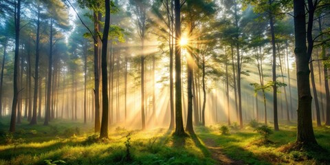 Obraz premium Golden Sunlight Beams Through a Foggy Forest, Casting a Mystical Glow on the Lush Green Canopy and Path